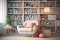 light armchair near a large bookcase on gray wall background in living room Royalty Free Stock Photo