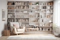 light armchair near a large bookcase on gray wall background in living room