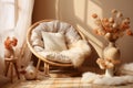 light armchair near a window on beige wall background in living room