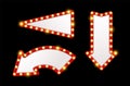 Light arrows pointers. Shining retro design signs with bulbs around red frames. Vintage show lighted accessory, cinema