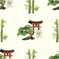 Light Asian background with bamboo and bonsai. Vector illustration