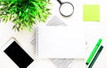 On a light background, a green plant, markers, a phone, a green sticker and a blank notepad for inserting text or illustrations.