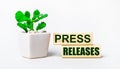 On a light background, a plant in a pot and two wooden blocks with the text PRESS RELEASES