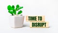 On a light background, a plant in a pot and two wooden blocks with the text TIME TO DISRUPT Royalty Free Stock Photo