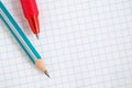Light background on a school theme with place for text. Wooden pencil and red pen lie on a squared notebook sheet close-up. White Royalty Free Stock Photo