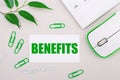 On a light background, a white calculator, a computer mouse, green paper clips, a green plant and a white blank sheet with the Royalty Free Stock Photo