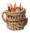 Light basket with pencils, light, red, blue, pencil, yellow, holiday, beauty, decoration, background, white, brown, nature Royalty Free Stock Photo