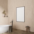Light bathroom interior with bathtub, table with towels. Mockup poster