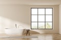 Light bathroom interior with bathtub, table with towels and window. Mockup