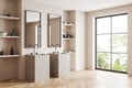 Light bathroom interior with sink and mirror, shelf and panoramic window Royalty Free Stock Photo