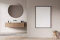 Light bathroom interior with sink and mirror, table with towels. Mockup poster