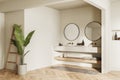 Light bathroom interior with washbasins and accessories. Mockup wall