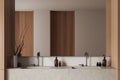 Light bathroom interior with washbasins and mirror, accessories on deck