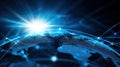 Glowing light rays radiating from planet surface, visualizing worldwide digital map network, data sharing, global