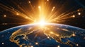 Glowing light rays radiating from planet surface, visualizing worldwide digital map network, data sharing, global