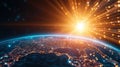 Glowing light rays radiating from planet surface, visualizing worldwide digital map network, data sharing Earth surface