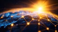 Glowing light rays radiating from planet surface, visualizing worldwide digital map network, data sharing Earth surface
