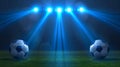 Light beams on a nighttime soccer or football stadium. Isolated projectors and lamps isolated on a black background. Royalty Free Stock Photo
