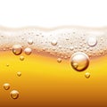 Vector illustration of fresh light beer with gas bubbles. Amber liquid background with wave and foam