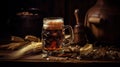 Light beer in a glass, ears of wheat and nuts on a wooden background.