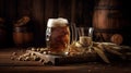 Light beer in a glass, ears of wheat and nuts on a wooden background.