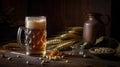 Light beer in a glass, ears of wheat and nuts on a wooden background.