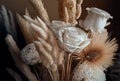 Light Beige Creamy Dried Flowers, White Roses Closeup Bouquet with Pampas Grass. Elegant Floral Home Decor. Generative AI