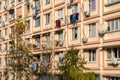 Light beige facade of a residential building. Cozy urban Royalty Free Stock Photo