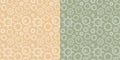 Light beige and green vector seamless patterns with collection of gears - industrial backgrounds