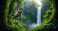 Monkey Swinging on Rope Lush Jungle Waterfall Background Royalty Free Stock Photo