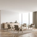 Light beige panoramic seating area, having four armchairs. Corner view
