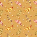 Light beige yellow feathers with pearls on an orange background, watercolor , seamless pattern, banner