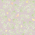 Light birds with leaves, flowers. Ditsy pastel repeated pattern. Watercolor Royalty Free Stock Photo