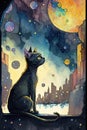 watercolor of a light black cat feline with big sweet golden eyes sitting and looking up at the brightly colored stars and planets Royalty Free Stock Photo