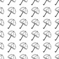 Light black contour umbrella pattern. Idea for paper, covers, templates, ummer autumn holidays, natural rainy themes.