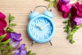 Light blue alarm clock and spring flowers on table, flat lay. Time change Royalty Free Stock Photo