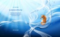 Light blue background with flows and drops of crystal clear water and sea horse Royalty Free Stock Photo