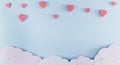 Light blue background with paper clouds and pink hearts. Valentine`s Day and baby birth background concept.