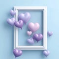 A light blue background serves as the perfect setting for a whimsical white frame adorned with heart-shaped balloons in soft Royalty Free Stock Photo