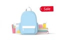 Light blue backpack with school supplies and sale tag on white background Royalty Free Stock Photo