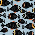 Light blue with black and orange fish seamless pattern background design.