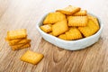 Light-blue bowl with salted crackers, few cookies on table Royalty Free Stock Photo