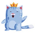 Light blue cat with a golden crown smiling and wavingvector illustration