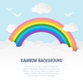 Light blue cloudscape background with birds silhouettes and rainbow. Cloudy soft landscape background. Royalty Free Stock Photo