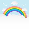 Light blue cloudscape background with birds silhouettes and rainbow. Cloudy soft landscape background with copy-space.