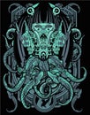 Light blue colour Cybernetic octopus monster with vintage sacred geometry background Royalty Free Stock Photo