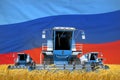 4 light blue combine harvesters on rural field with flag background, Luhansk Peoples Republic agriculture concept - industrial 3D