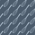 Light blue corolla doodle silhouettes seamless kitchen pattern. Mixing coocking tools on pale navy blue background