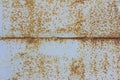Light blue corroded metal background. Rusty and scratched painted metal wall. Rusty metal background with streaks of rust