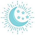 Light blue crescent moon and four stars with radiating glow celestial vector illustration Royalty Free Stock Photo